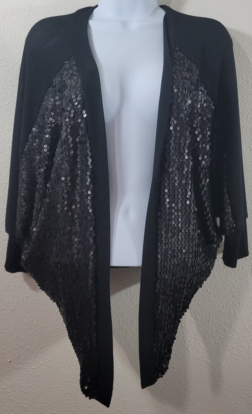 Day Trip Black Draped Front Sequin Batwing Cardigan Sweater Small Lightweight